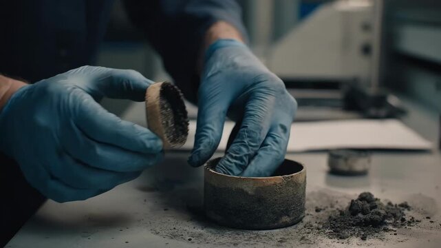 Medium shot of a technician carefully isolating platinum group metals from raw ore in a hightech laboratory environment.