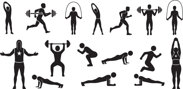 Vector silhouette icon set of gym workout action poses showing weight lifting squatting push ups planks and jumping fitness training illustration
