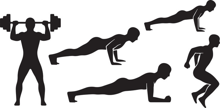 Vector silhouette icon set of gym workout action poses showing weight lifting squatting push ups planks and jumping fitness training illustration