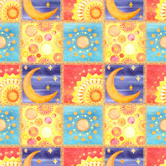 Seamless watercolor sun and moon patchwork pattern