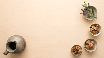 Rustic wooden Qingming festival background with natural copyspace background and botanical table styling. Warm spring design background with space for text