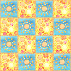 Seamless watercolor patchwork pattern with suns