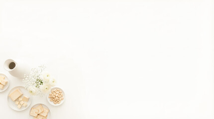 Soft minimal Qingming festival background with bright copyspace background and white floral table setting. Clean spring design background with space for text