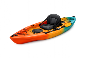 Modern colorful orange and blue sit on top kayak for summer water recreation isolated on white background