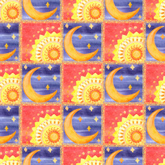 Seamless watercolor sun and moon patchwork pattern