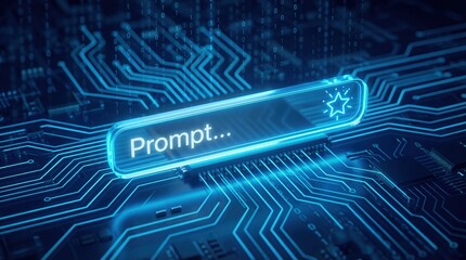 Glowing AI Prompt Bar on Futuristic Cyber Circuitry Interface for Content Generation Concept
