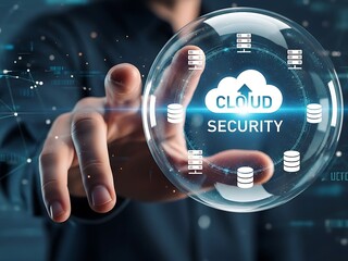 Hand pointing at a transparent bubble with cloud security concept, server racks, and data icons.