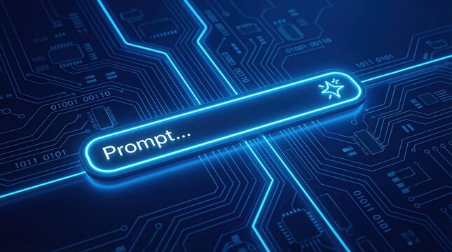 Generative AI Prompt Input Box on Blue Digital Circuit Background with Binary Data and Code - Powered by Adobe