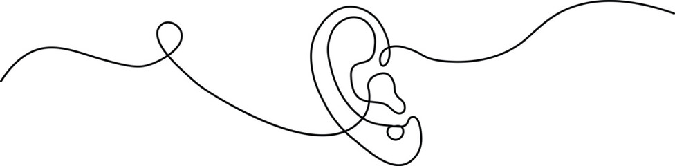 Continuous one line drawing of a listening ear icon. Minimalist medical symbol for hearing and audiology. Simple black line art on white background.