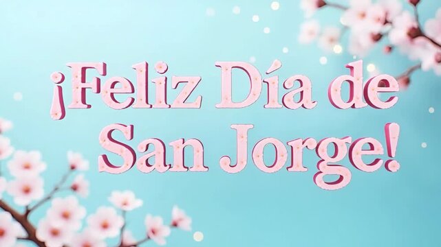 blooming cherry branch with pink flowers on blue background with spanish text feliz dia de san jorge