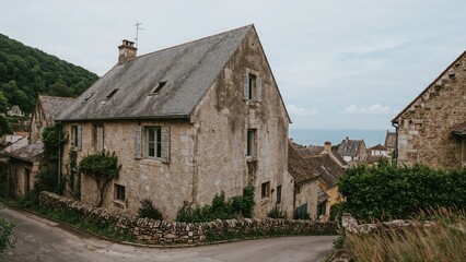 Obraz premium A rustic stone house with a steep roof in a small village near the coast, surrounded by greenery and old buildings.