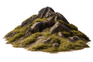 Rocky mountain peak with green grass on a transparent background, isolated nature element for scene design