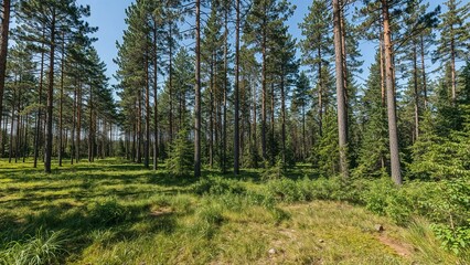 A dense forest with tall pine trees, green undergrowth, and a clear blue sky.