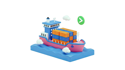3D Render of a Cartoon Container Ship on Blue Waves with Clouds and a Checkmark