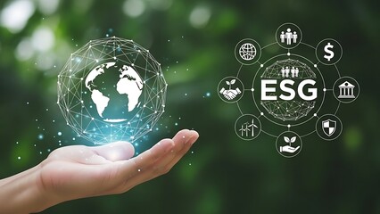 Hand holding a glowing globe with esg icons and symbols surrounding it on a blurred green background