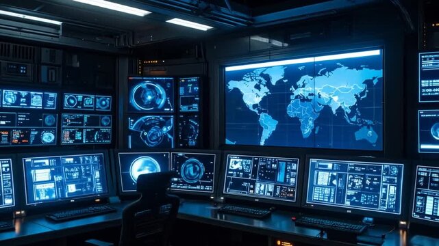 Futuristic Command Center: Global Surveillance and Data Analysis