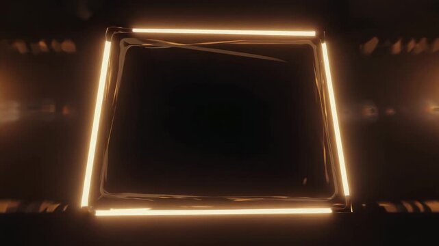 Abstract glowing square light frame floating in dark cinematic space seamless loop