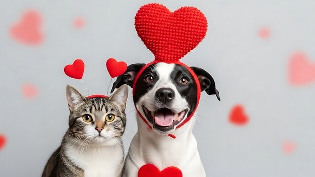 Valentines day pets dog and cat celebrating love with hearts