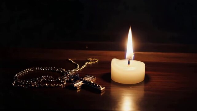 Lit candle beside metal cross necklace on wooden table in dark scene