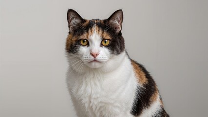 Obraz premium Calico cat with white, black, and orange fur looking at the camera against a plain background.