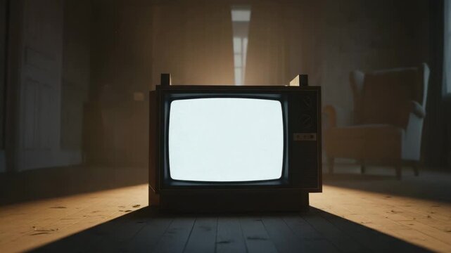 Vintage television set standing in dark interior with long slow zoom in