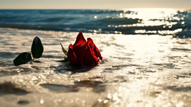 Red rose rests on wet sand as foamy surf glides ashore at sunset; fragile, serene beauty quiet hope