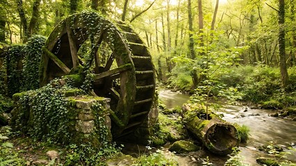 Old mossy waterwheel in forest beside stream trees