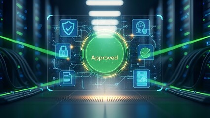 Digital Approval Concept with Secure Data Icons on Futuristic Server Background