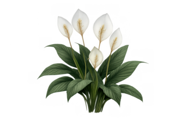 Peace lily plant with white flowers and green leaves symbolizing purity and tranquility, transparent background