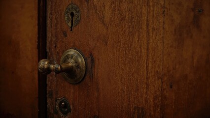 Obraz premium Close-up of an antique door lock and knob on a wooden door.