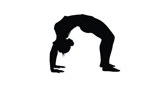 Silhouette of a person performing a backbend yoga pose against a white background