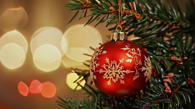 Christmas ornament hanging on small tree branch with soft bokeh lights