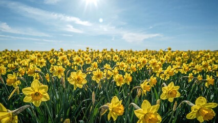 Fototapeta premium Bright yellow flowers in a field under a sunny sky with a distant sun and clouds. Nature and floral scene. Spring and summer landscape.