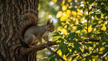 Obraz premium A squirrel on a tree branch in a forest with lush green leaves and sunlight filtering through.