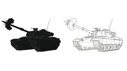 Detailed illustration of a tank firing shown in both solid and outline styles © Design lens