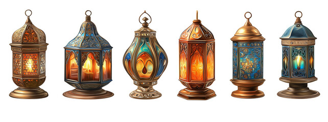 Collection of Six Ornate Islamic Ramadan Lanterns islamic lantern isolated on a transparent background