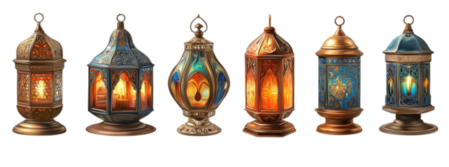 Collection of Six Ornate Islamic Ramadan Lanterns islamic lantern isolated on a transparent background