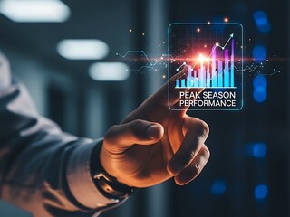 Hand touching holographic display showing "Peak Season Performance" graph, symbolizing business growth and data analysis.