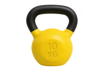 Yellow 10 kg kettlebell on transparent background for fitness workout