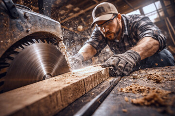 Caucasian young man carpenter cutting wooden plank with circular saw in workshop, close up low angle view with flying sawdust during woodworking