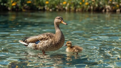 Fototapeta premium A mother duck and her duckling swimming in a body of water with greenery in the background.