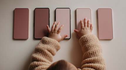 Toddler hands touching blank smartphone screens on table, concept for child technology addiction and parental control at home