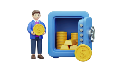 Man with Coin and Safe Full of Gold and Money