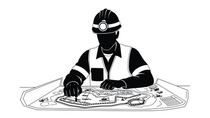 A silhouetted worker studies a detailed technical plan with a headlamp © Design lens