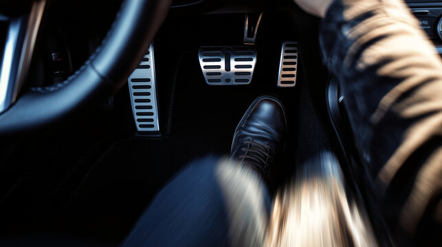 Driver foot pressing car accelerator pedal in modern vehicle interior, closeup view