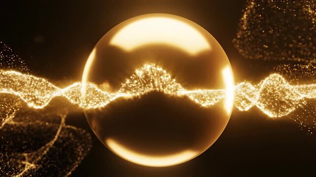 Abstract motion graphic of a brilliant golden sphere expanding outward as shimmering waves of subtle light pulse in slow, rhythmic succession relaxation, presentation, power