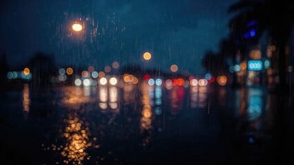 Blurred city street scene at night with rain, wet pavement, and bokeh lights reflecting on the surface.