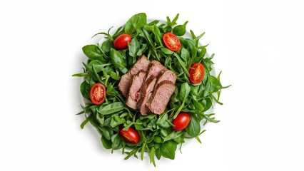 Fresh arugula salad with cherry tomatoes and sliced beef, served on a white background. Healthy and colorful meal.