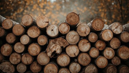Stack of logs in a forest with autumn leaves background. Wood processing, forestry, and natural resources concept. The image of cut trees and timber.