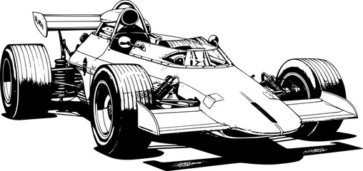 Retro race car with open cockpit and large tires in hand drawn black and white outline illustration artwork
